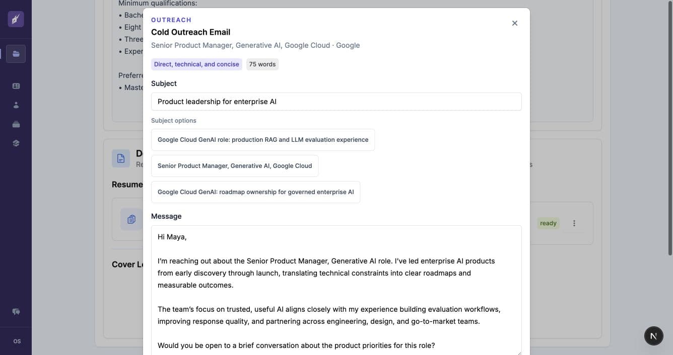 Cold outreach email editor with tone controls and subject line options