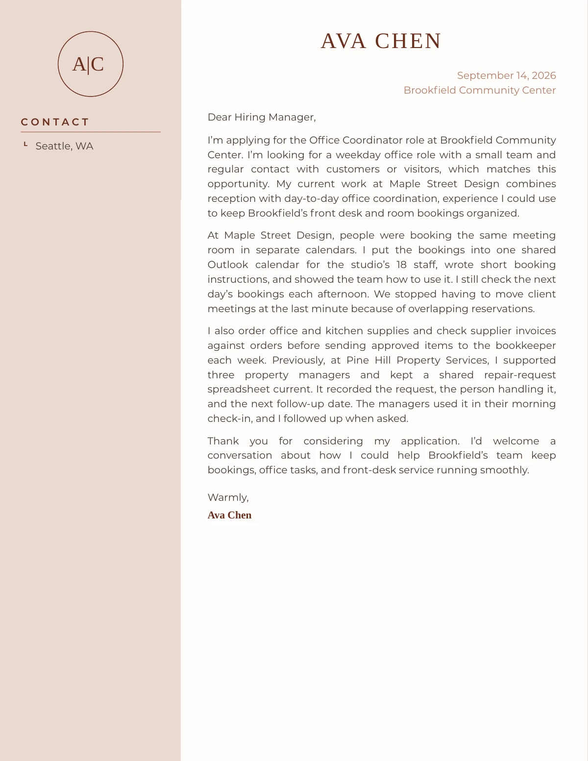 First page of Ava Chen’s generated cover letter in the Austin design. Fictional career data.