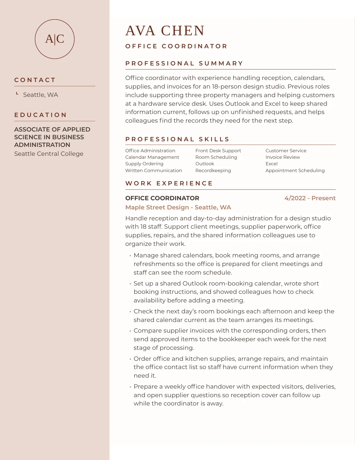 First page of Ava Chen’s generated résumé in the Austin design. Fictional career data.