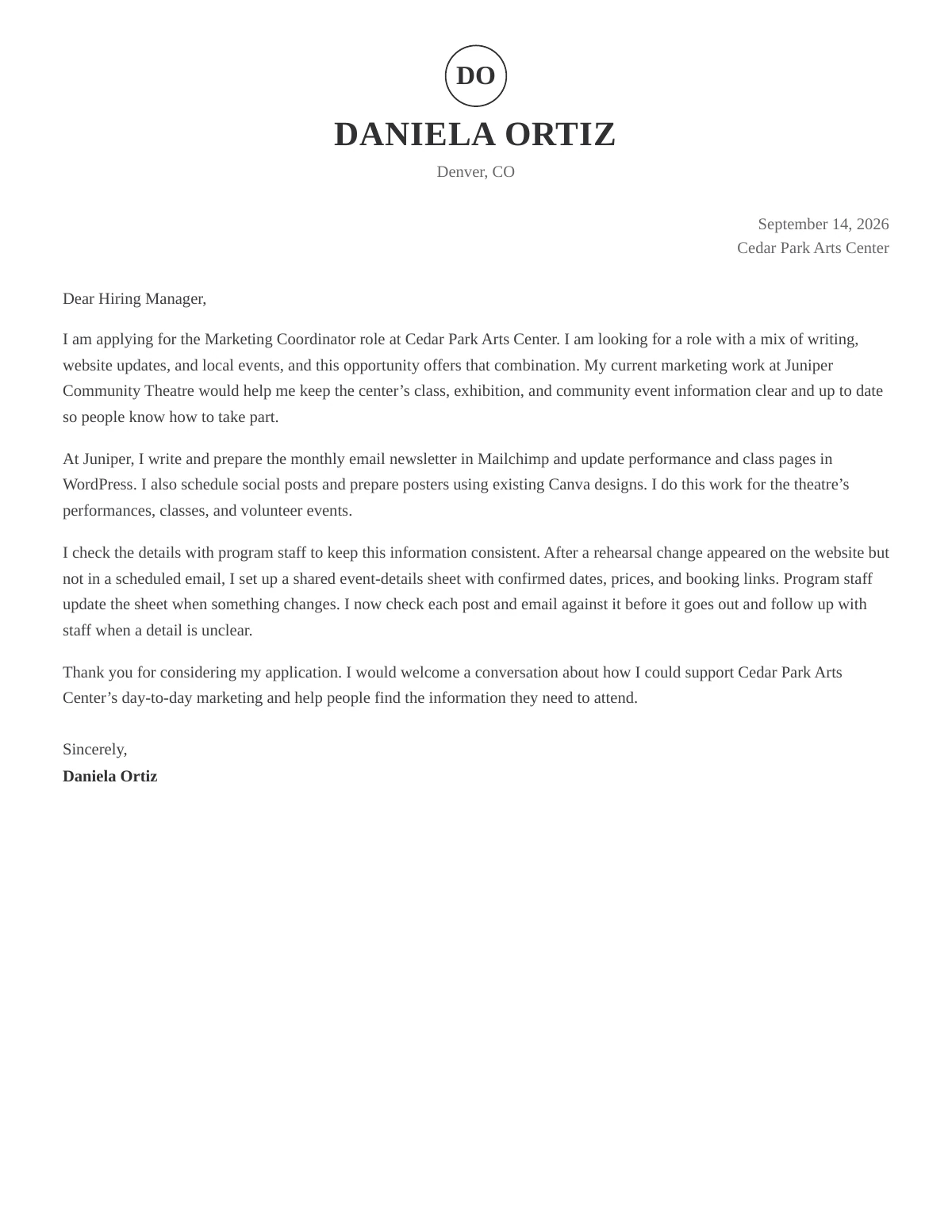 First page of Daniela Ortiz’s generated cover letter in the Tokyo (Testing) design. Fictional career data.