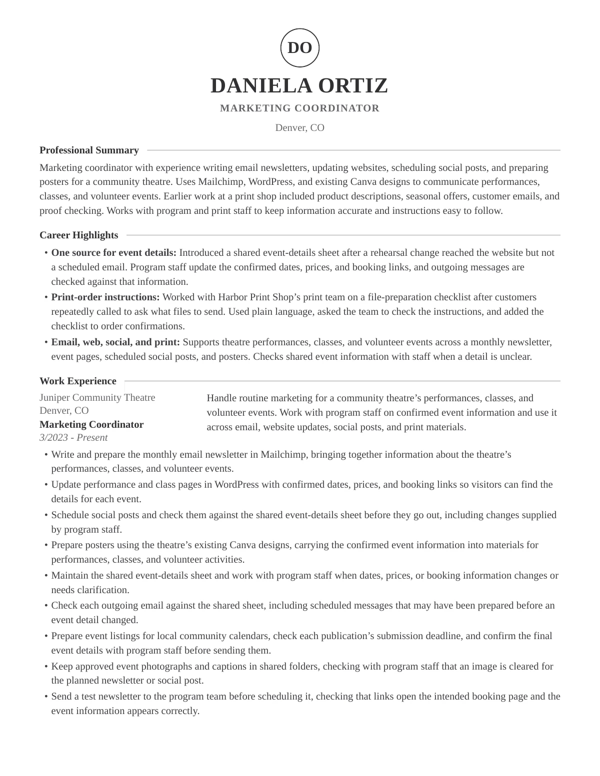 First page of Daniela Ortiz’s generated résumé in the Tokyo (Testing) design. Fictional career data.