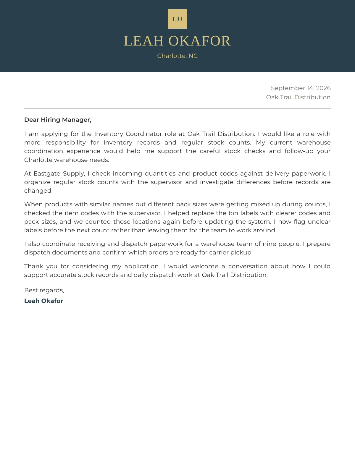 First page of Leah Okafor’s generated cover letter in the San Francisco design. Fictional career data.