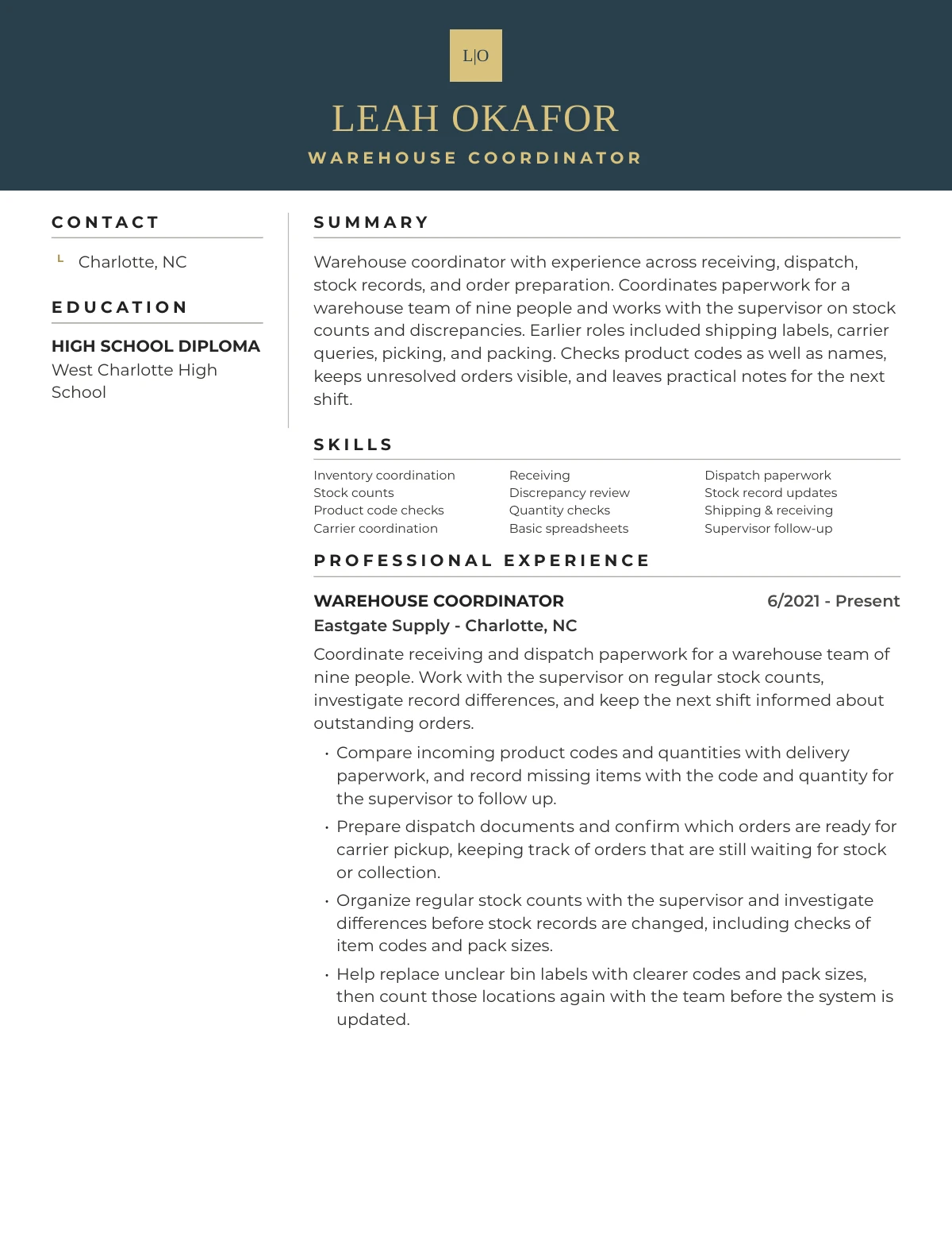 First page of Leah Okafor’s generated résumé in the San Francisco design. Fictional career data.