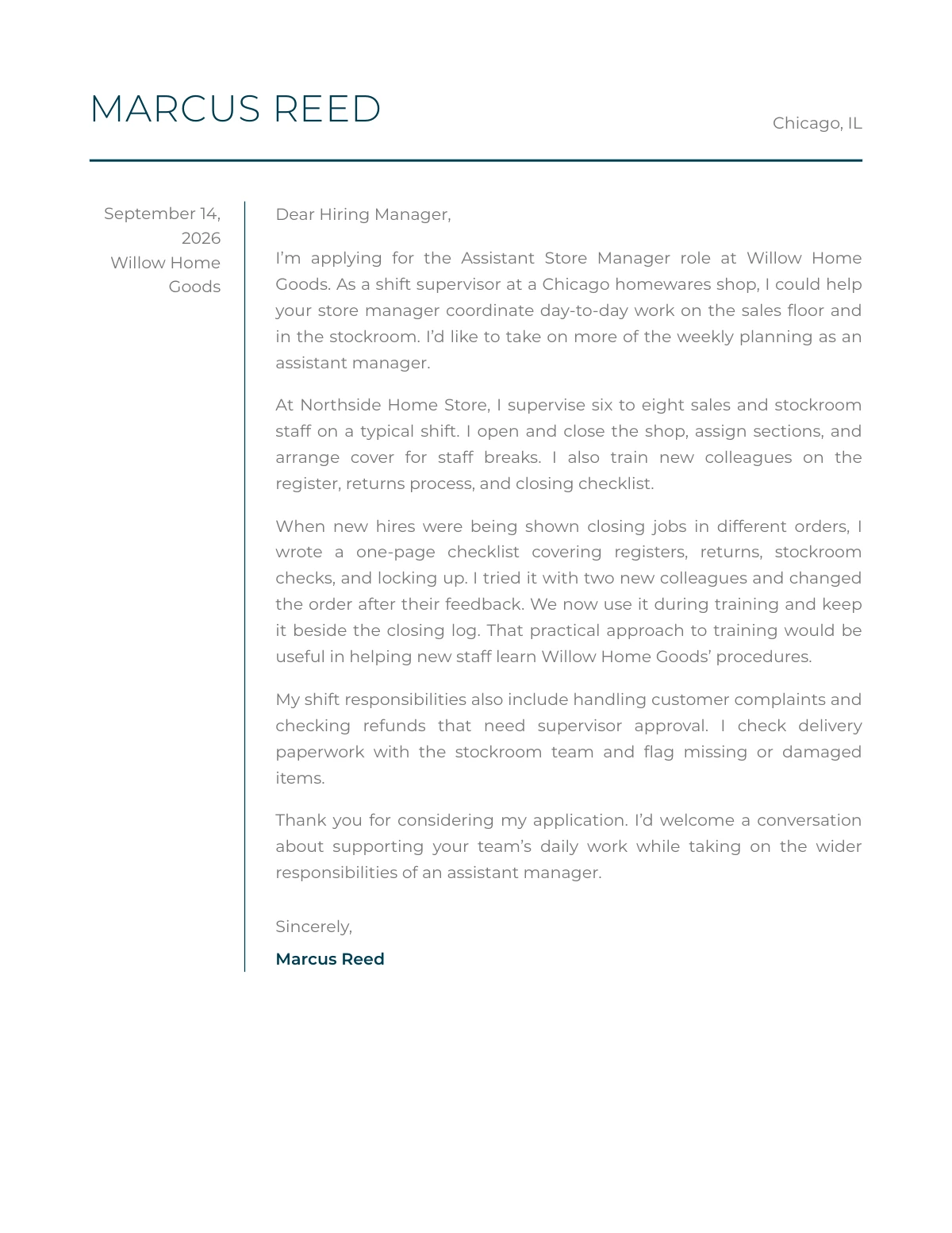 First page of Marcus Reed’s generated cover letter in the Berlin design. Fictional career data.