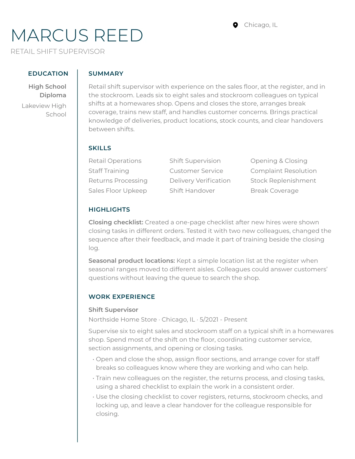 First page of Marcus Reed’s generated résumé in the Berlin design. Fictional career data.