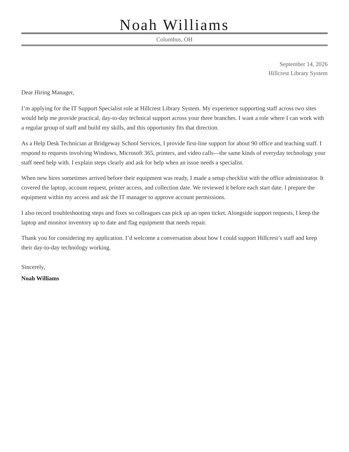 First page of Noah Williams’s generated cover letter in the London design. Fictional career data.