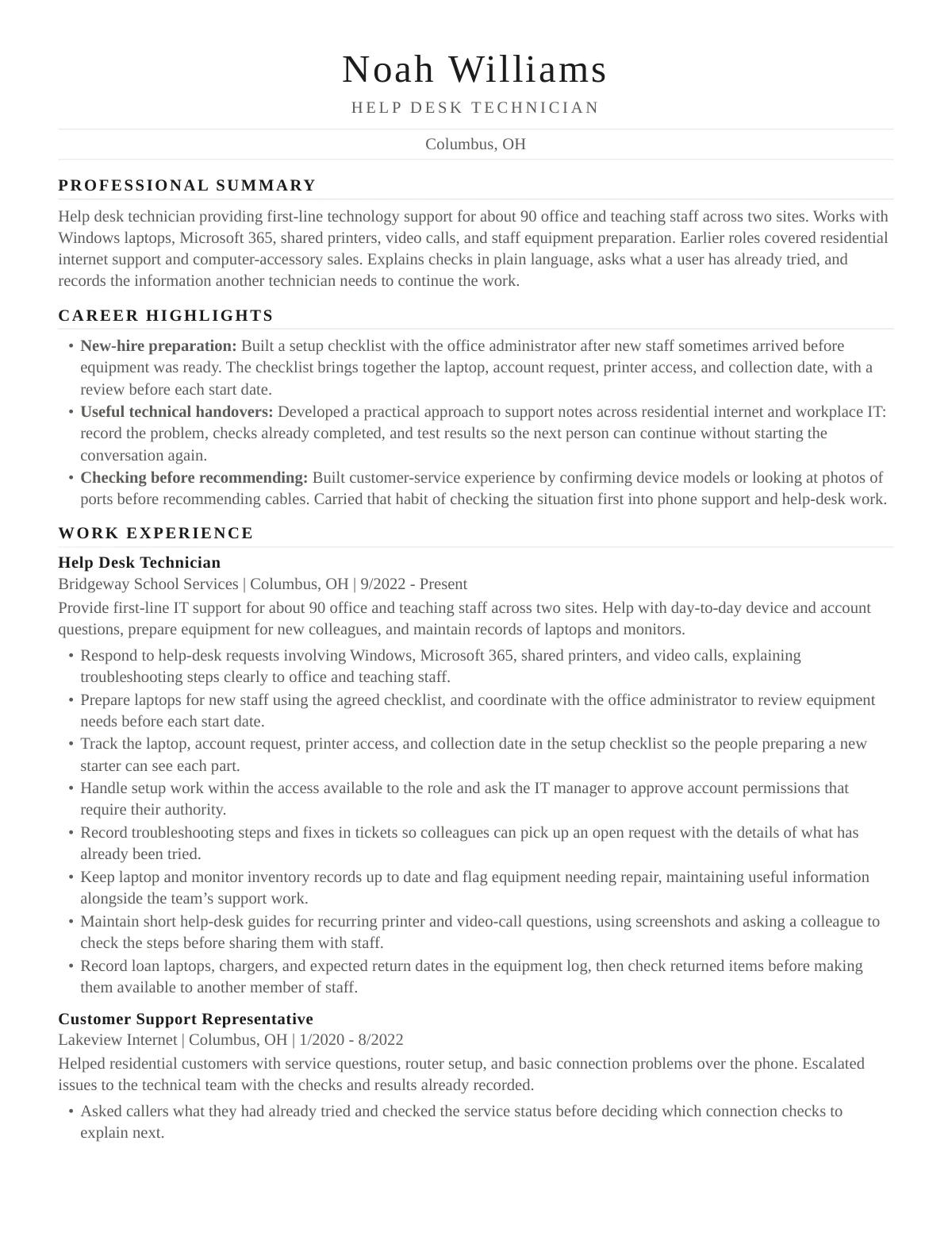 First page of Noah Williams’s generated résumé in the London design. Fictional career data.