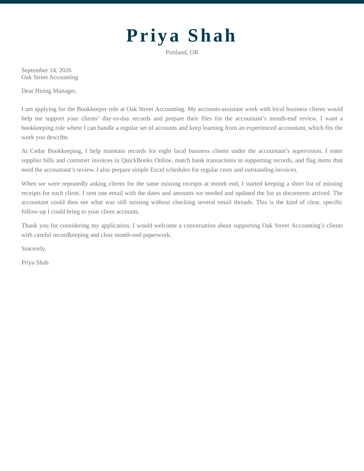 First page of Priya Shah’s generated cover letter in the Manhattan design. Fictional career data.