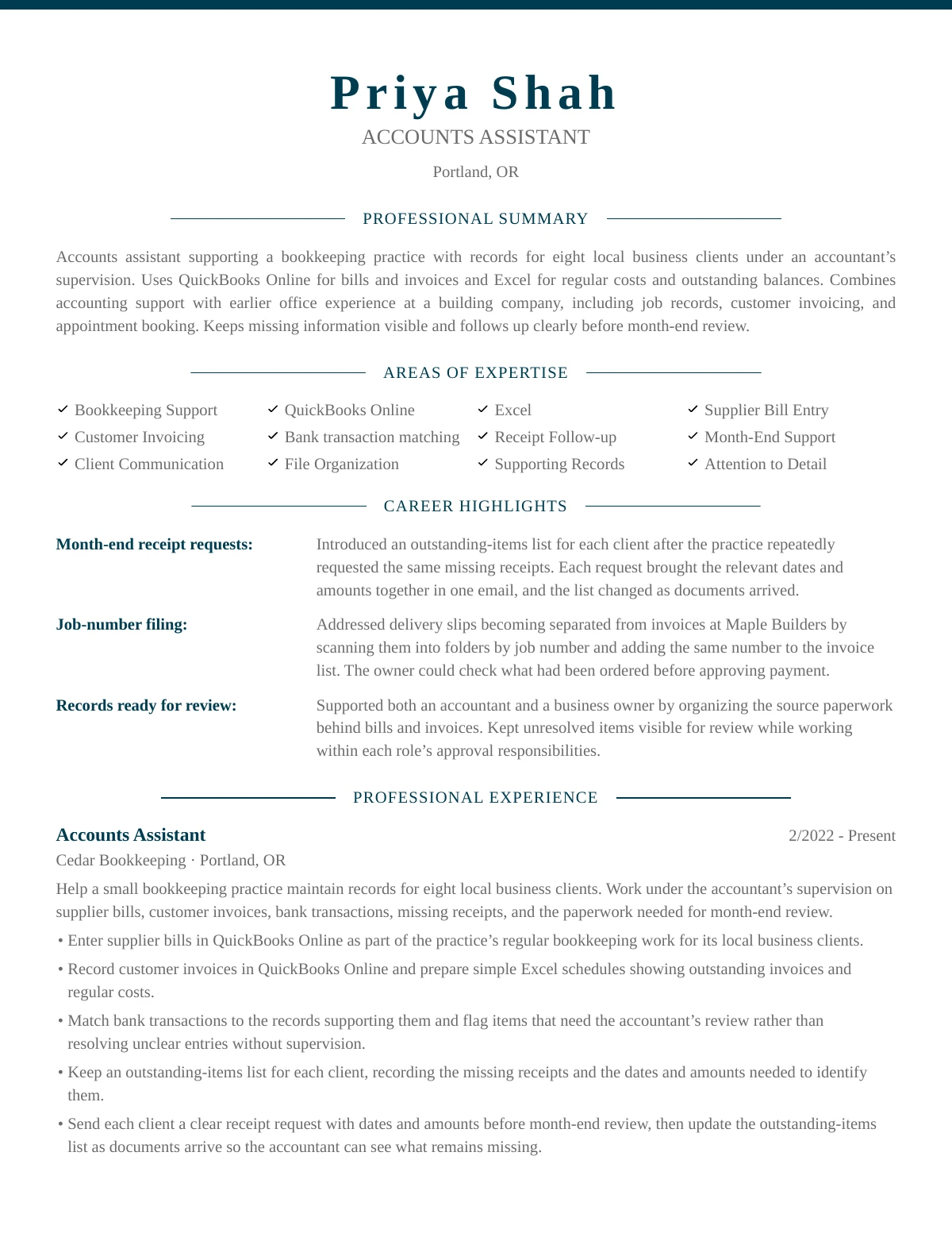 First page of Priya Shah’s generated résumé in the Manhattan design. Fictional career data.
